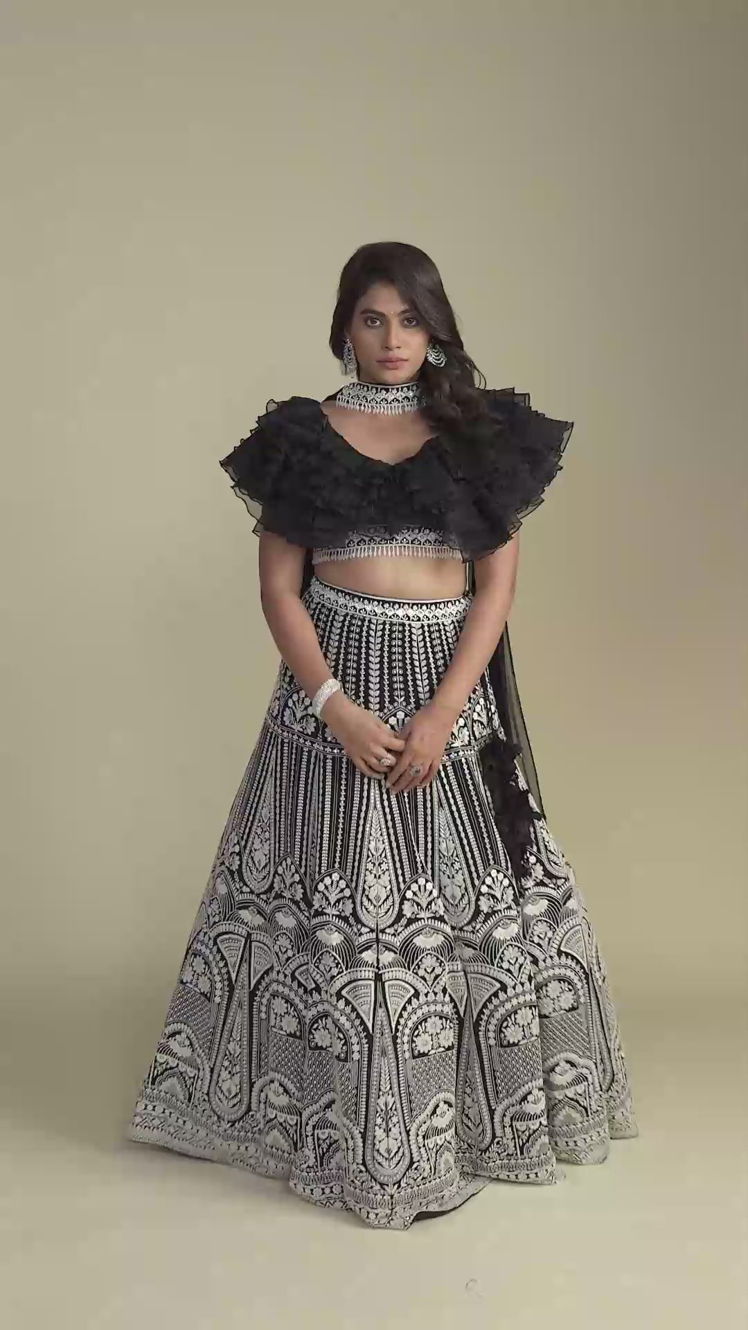 Regalia Black Ruffled Blouse with Chikankari Handwork Lehenga & Choker Dupatta