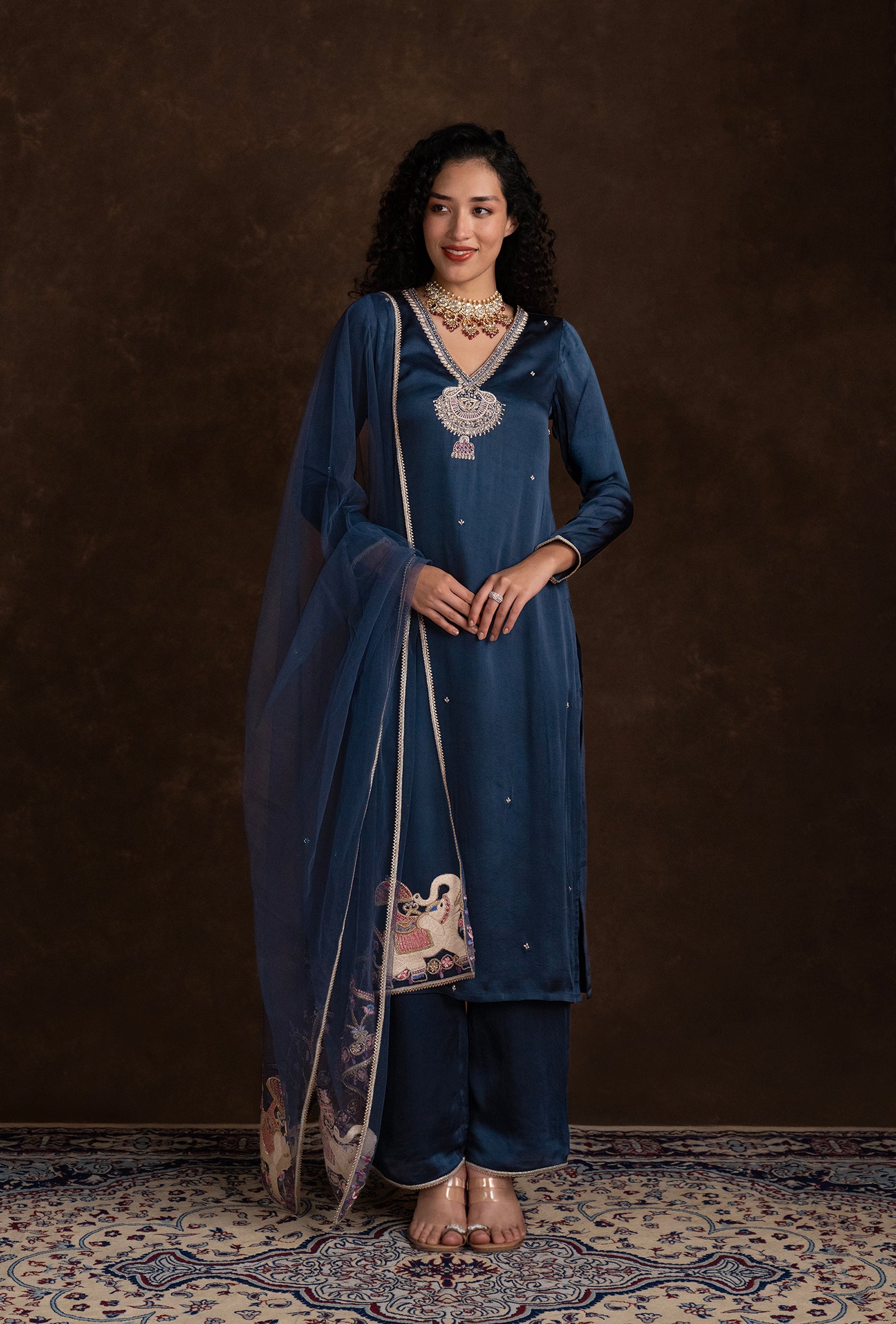 Navy Blue Silk Motif Embroidered Ethnic Kurta Set
