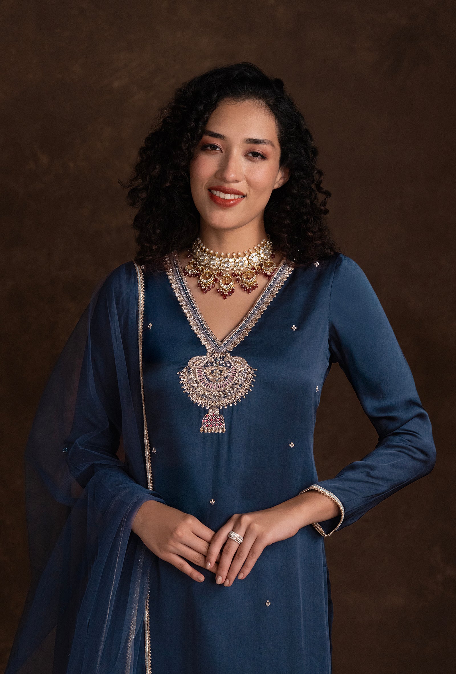 Navy Blue Silk Motif Embroidered Ethnic Kurta Set