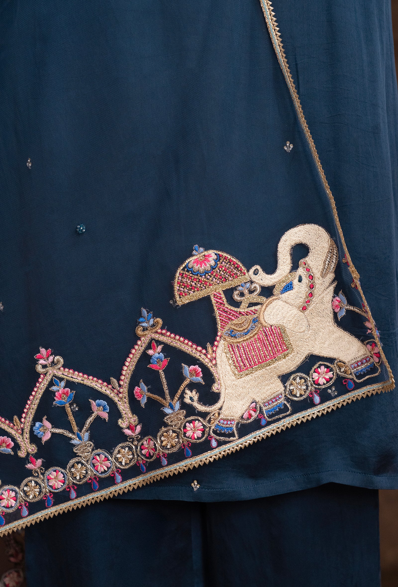 Navy Blue Silk Motif Embroidered Ethnic Kurta Set