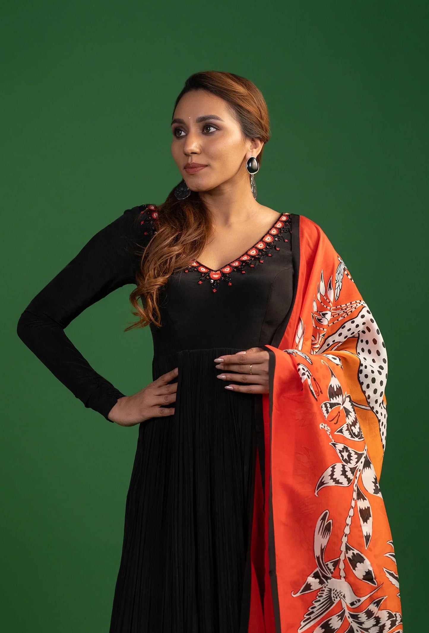 Black Anarkali with Orange Printed Dupatta