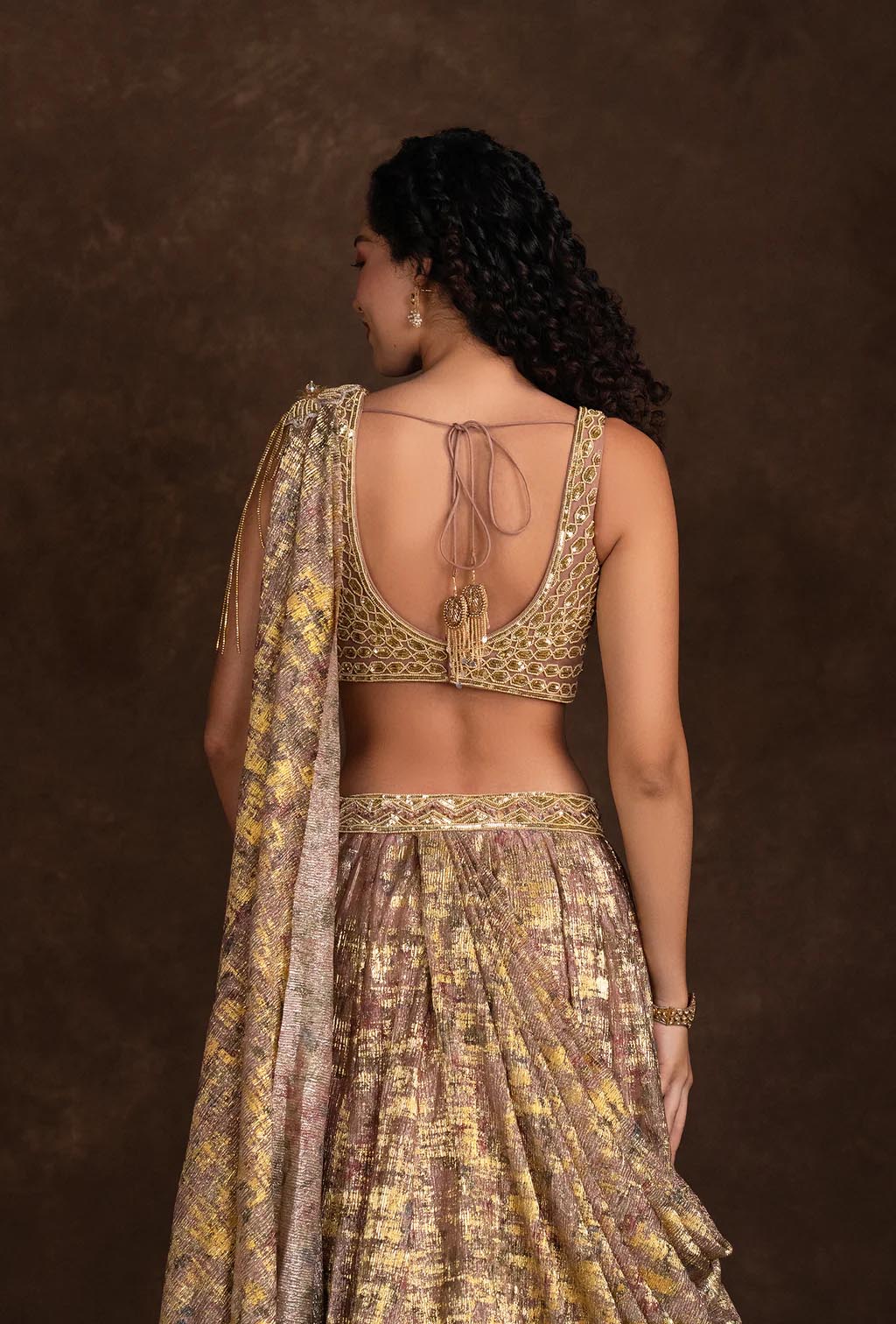 Clover Marble Effect Lilac and Golden Choli and Attached Dupatta Lehenga Set