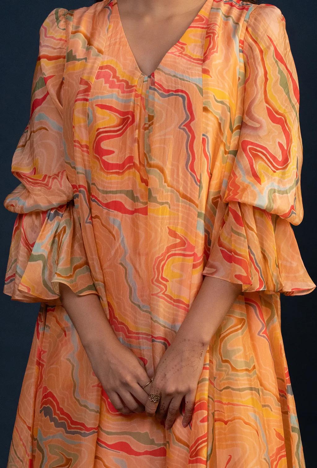Peach Abstract Print Midi Dress
