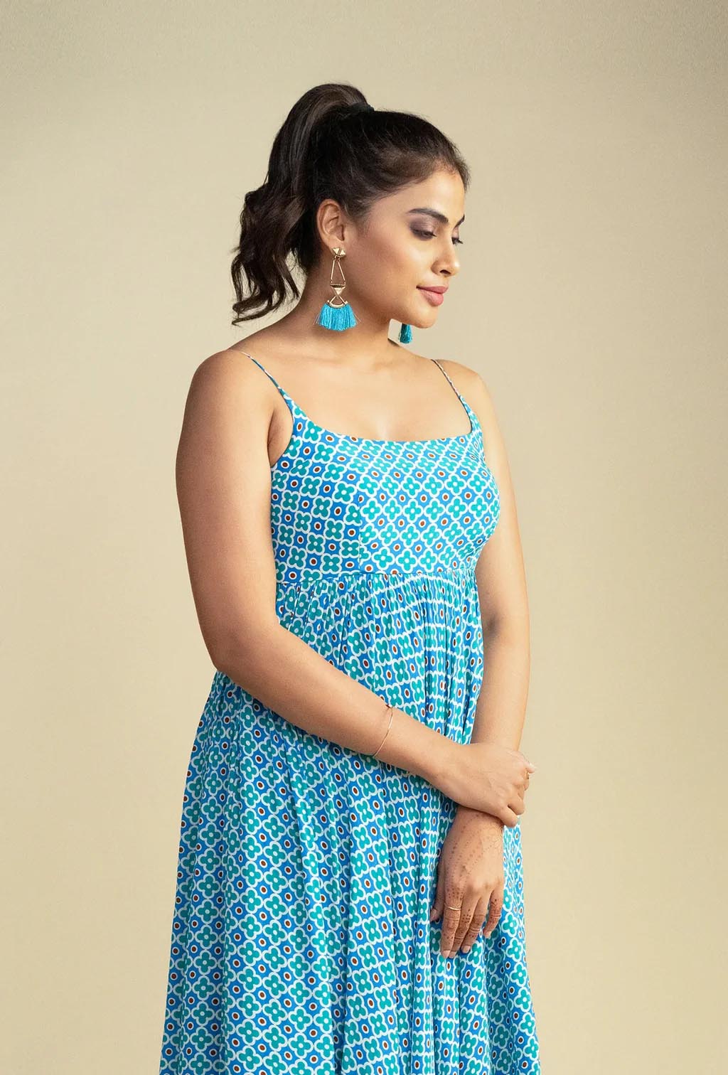 Spaghetti Sleeves Geometric Print Maxi Dress