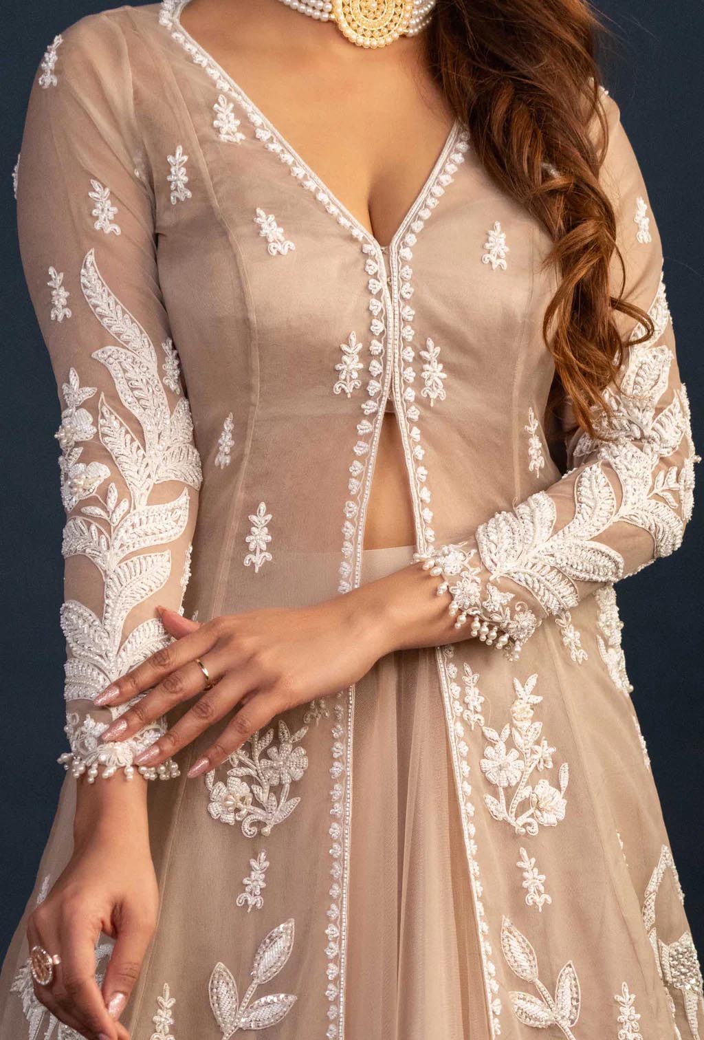 Athena Dusky Beige Plunging V-Neck Jacket Lehenga Set