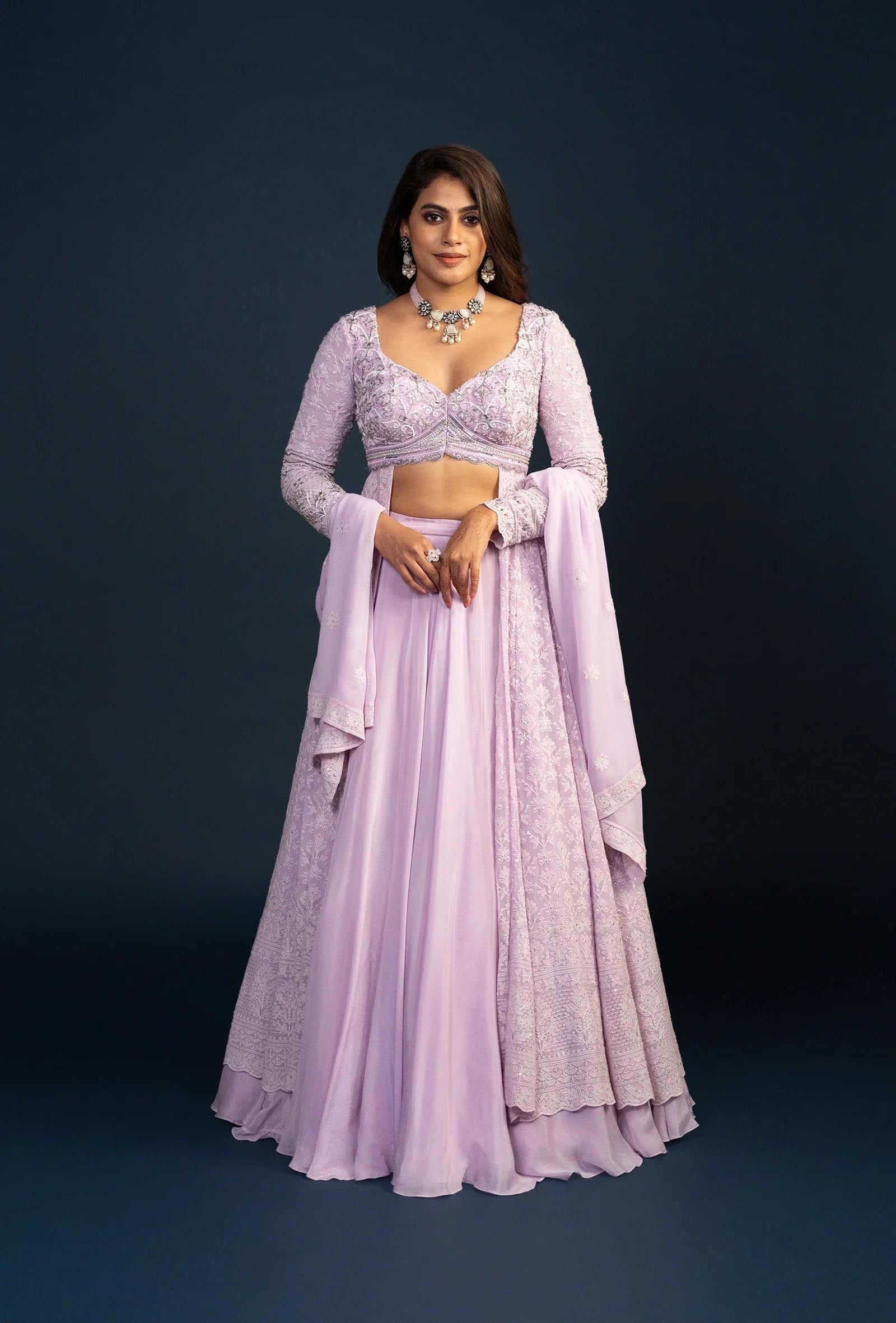 Dahlia Lilac Chikankari Thread Work Lehenga Set