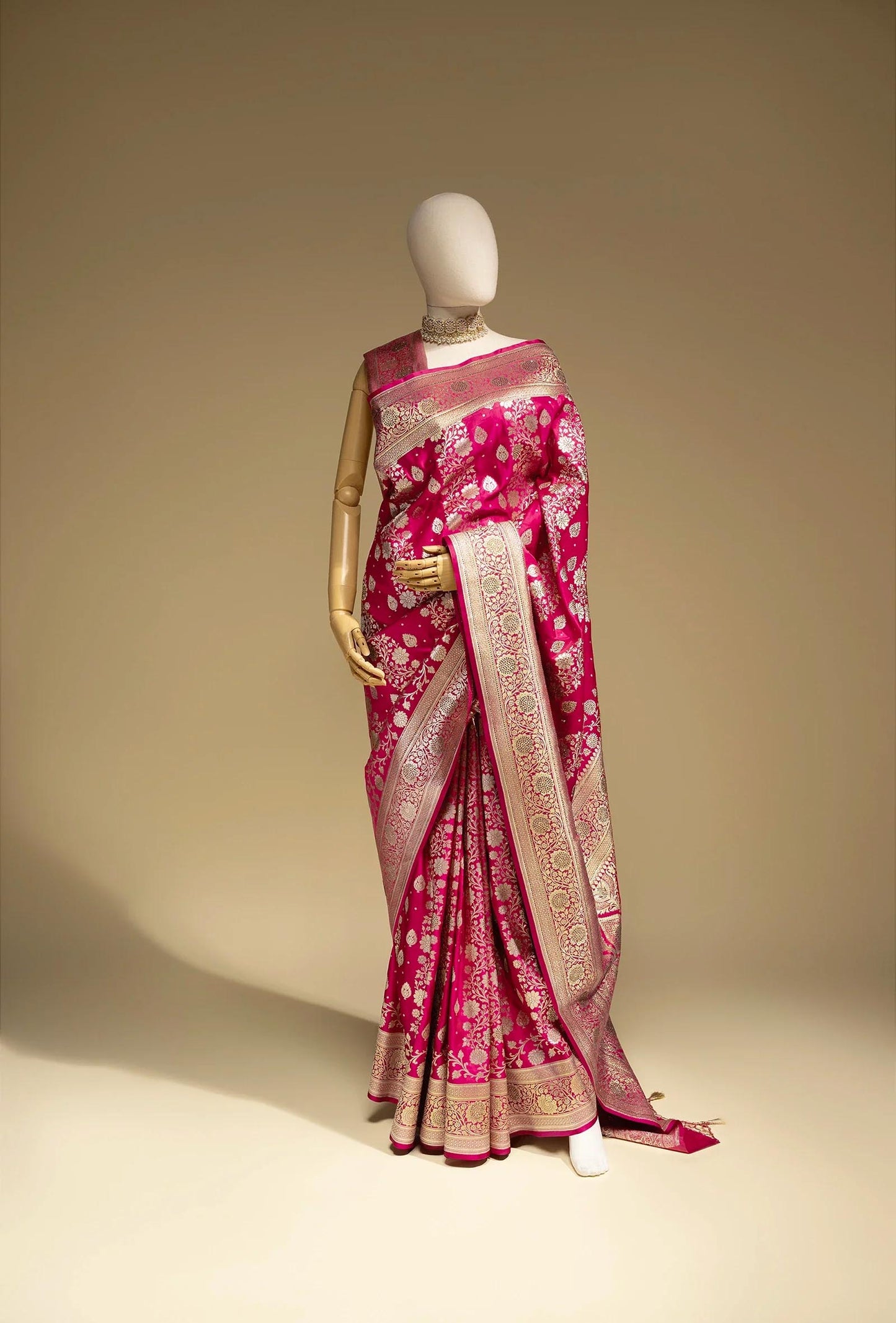 Katan Silk Saree In Rani Pink With Intricate Jangla Work