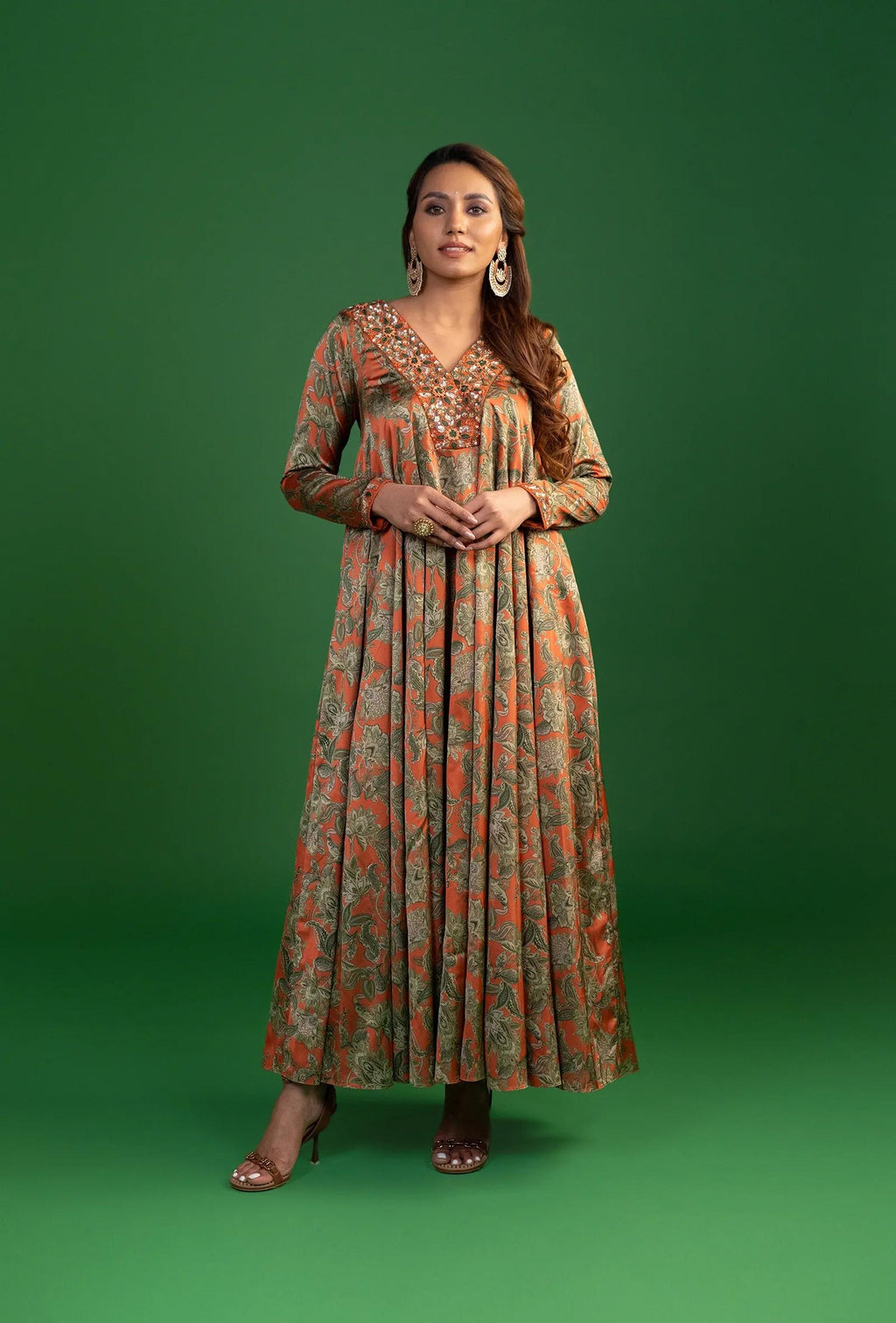 Orange Floral Anarkali Dress