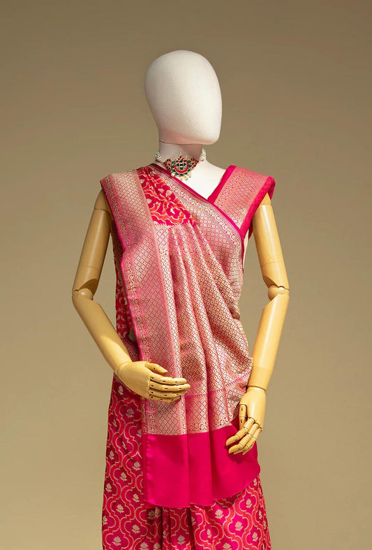 Rani Pink & Red Geometric Motif Mashru Silk Saree