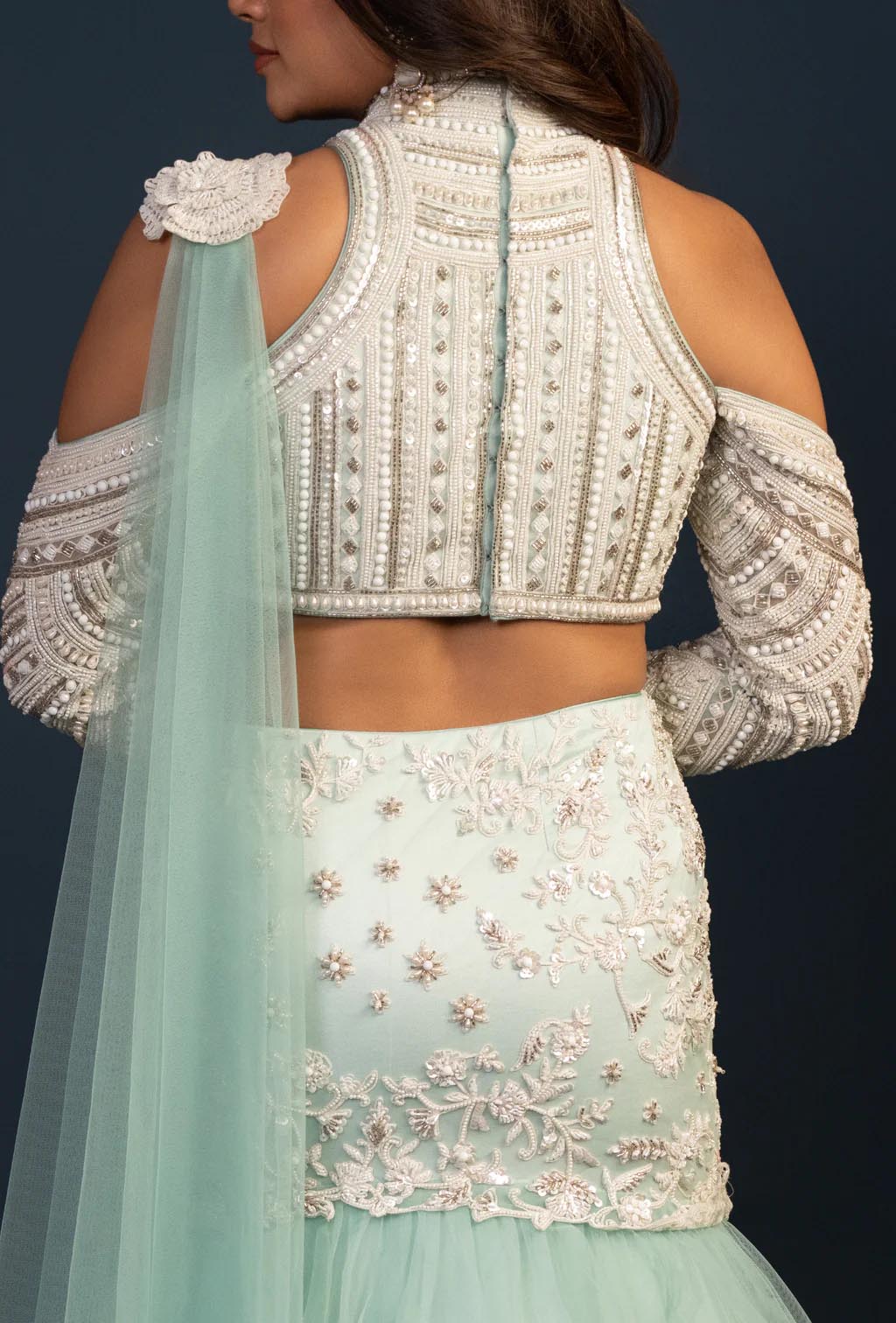 Adara Turquoise Green Mermaid Ruffle Lehenga Set with Heavy Bead Work