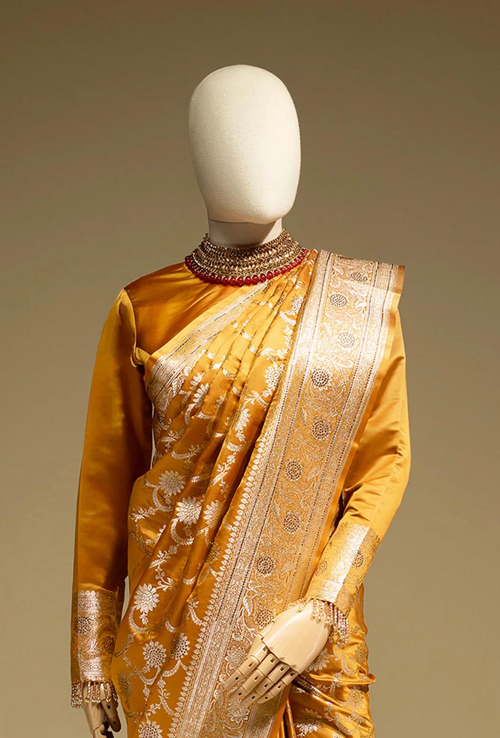 Pure Mashru Silk Saree In Marigold Yellow With Jaal Work