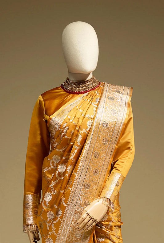 Pure Mashru Silk Saree In Marigold Yellow With Jaal Work