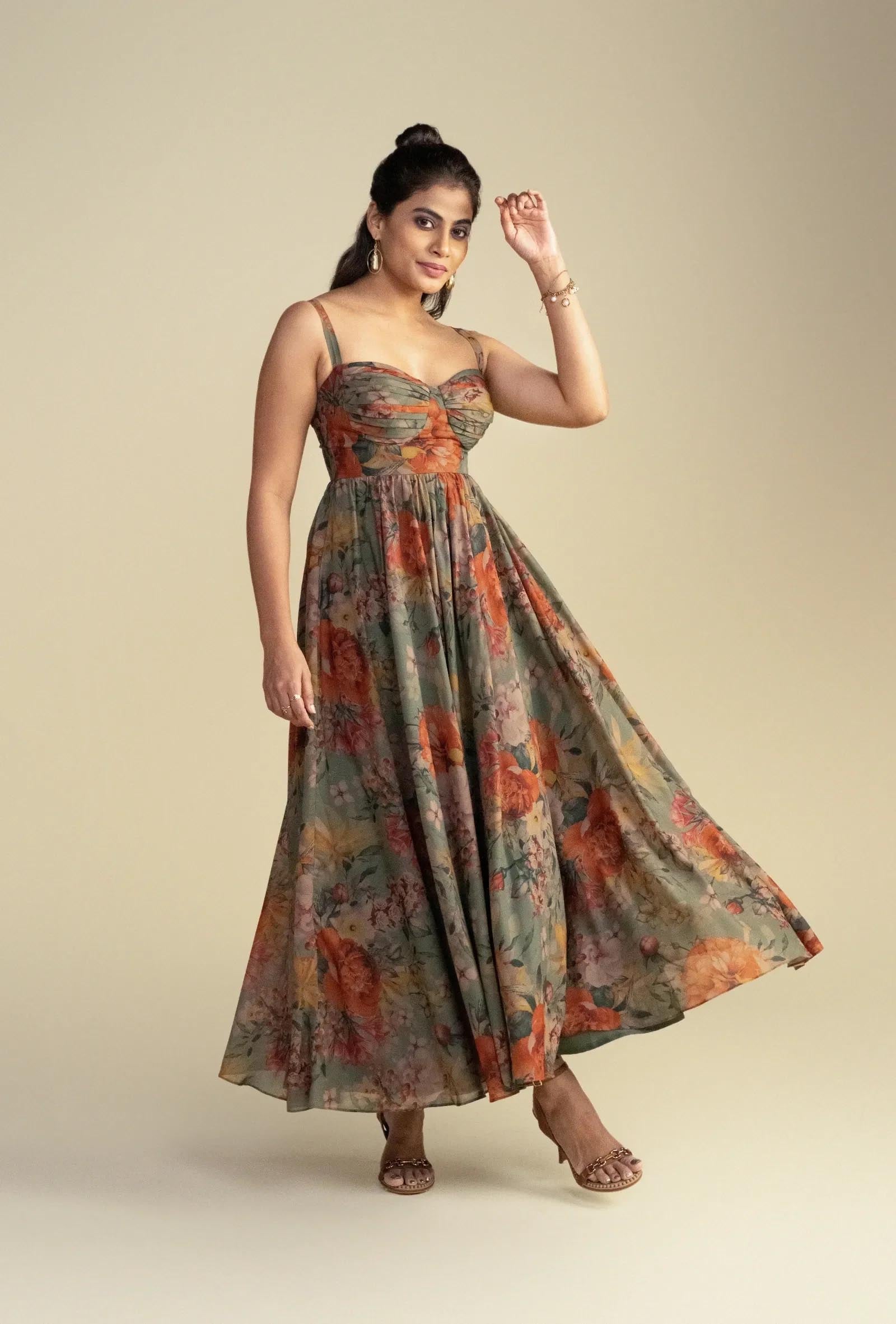 Olive Green Floral Print Short Dress