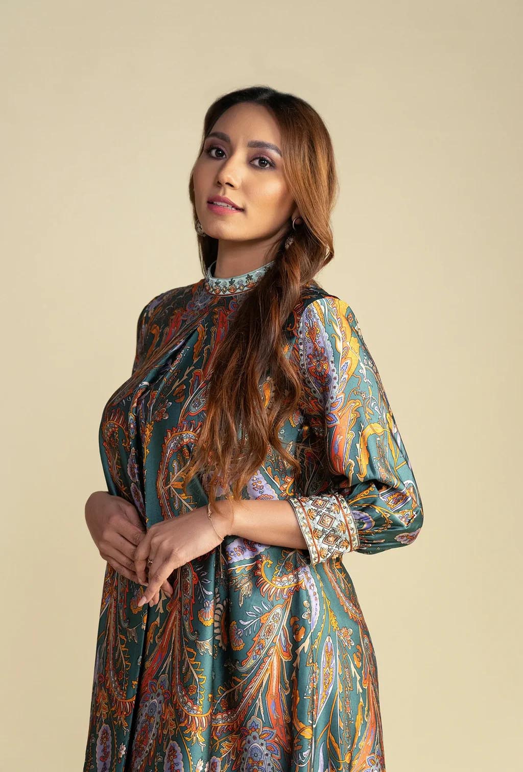 Green Digital Print Silk Kurta Set