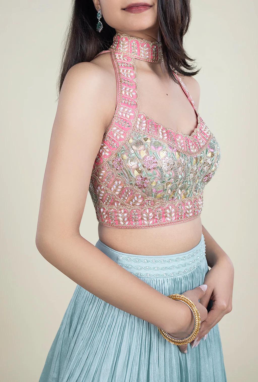 Pink Resham Embriodery and Gold Sequence Embroidery Blouse