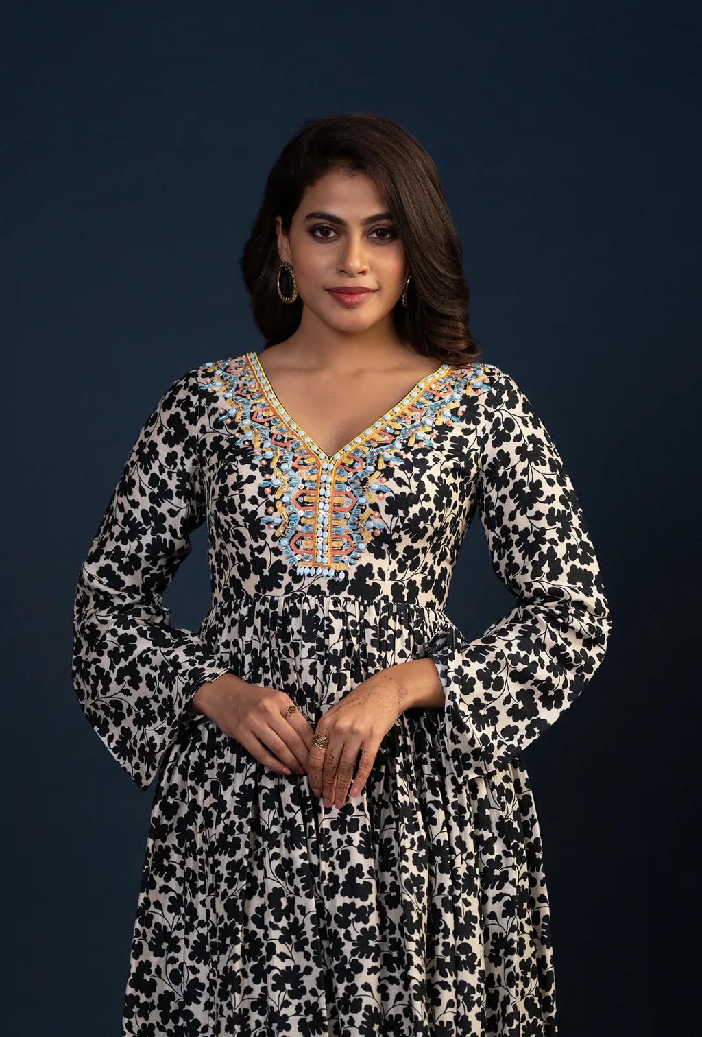 Black Floral Print Midi Dress