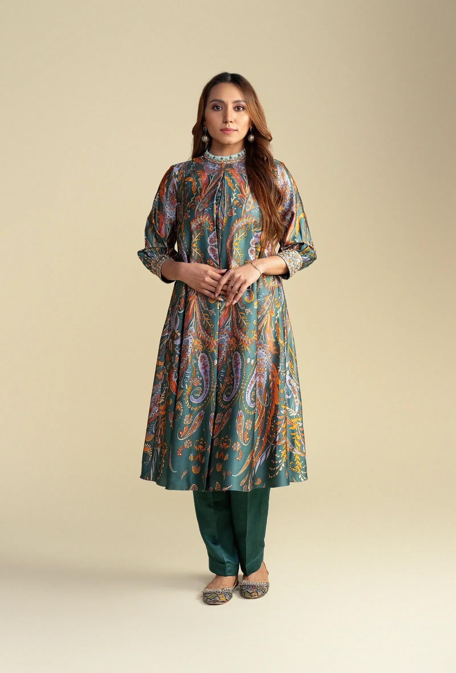 Green Digital Print Silk Kurta Set