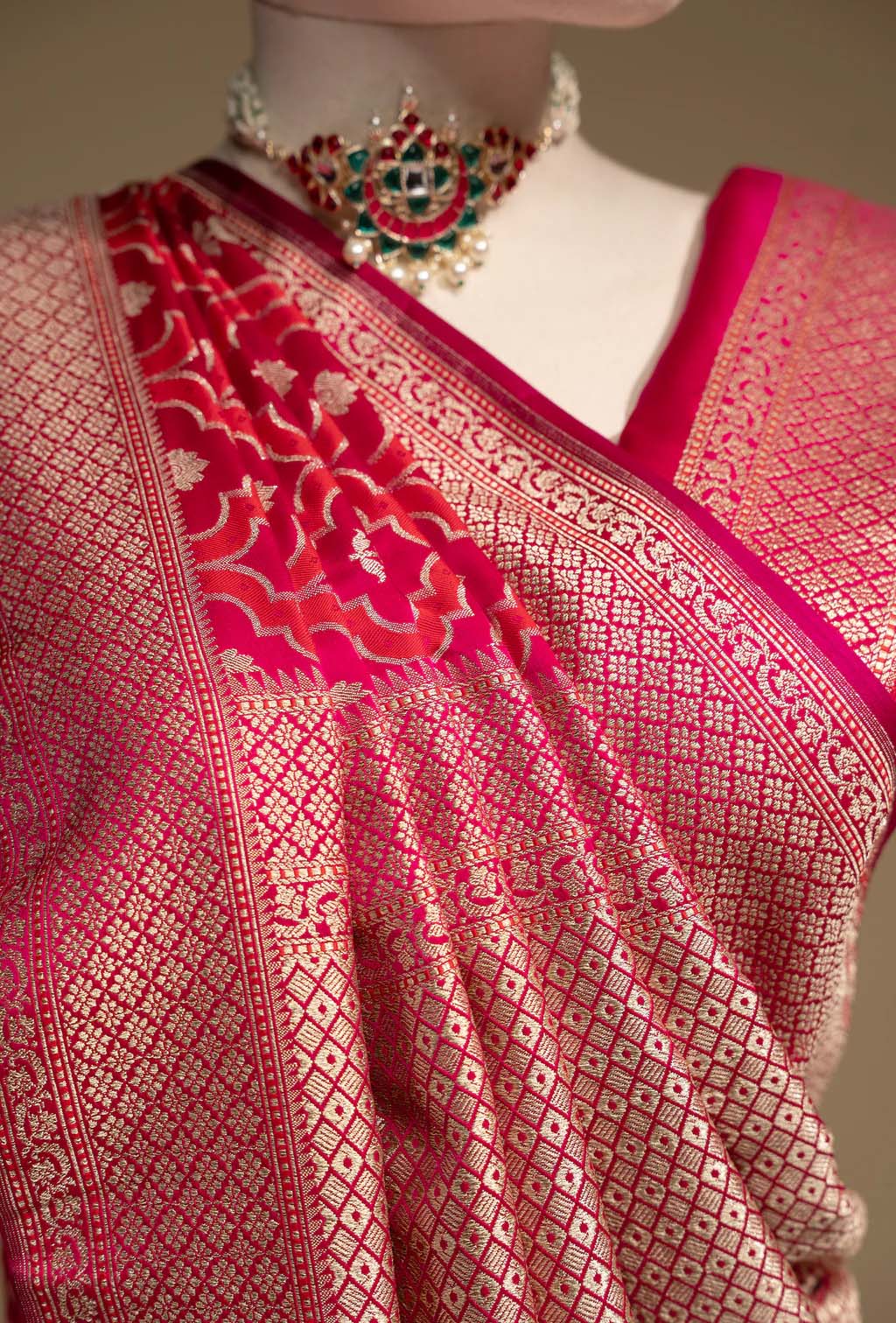 Rani Pink & Red Geometric Motif Mashru Silk Saree