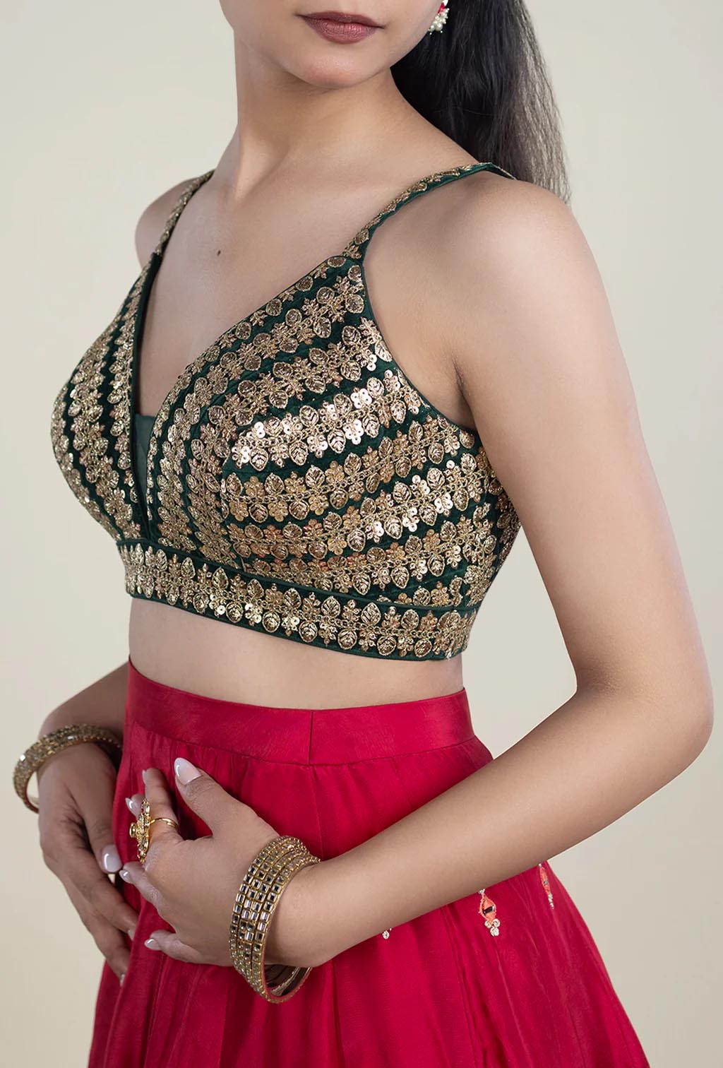 Emerald Green with Gold Sequence Embroidered Blouse