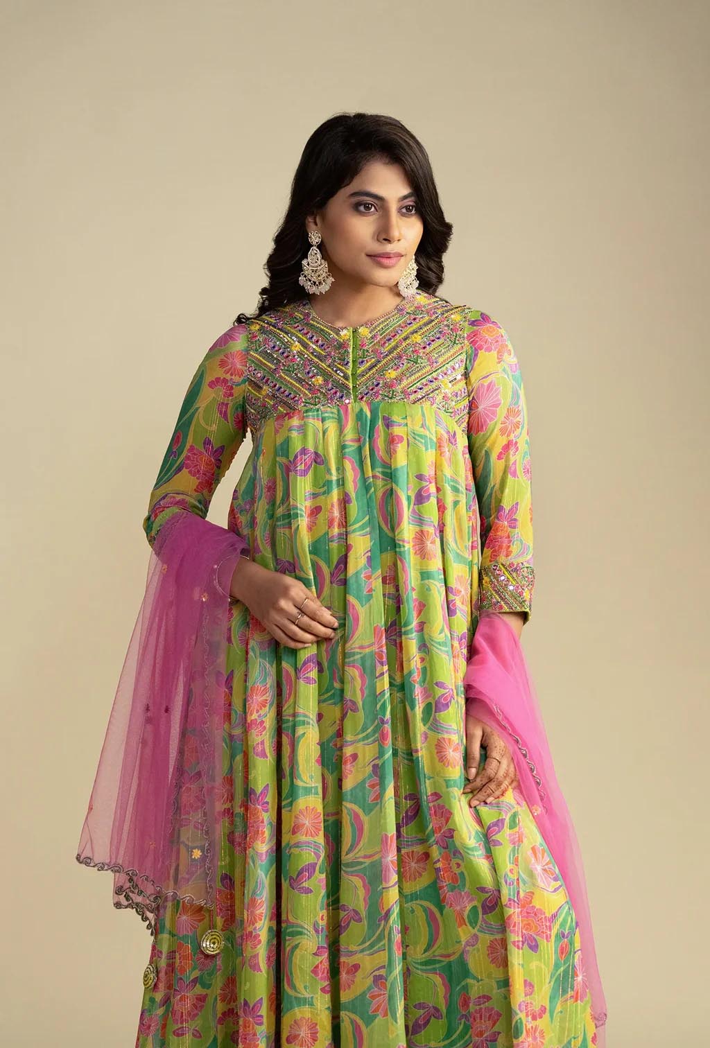 Green Floral Anarkali Set