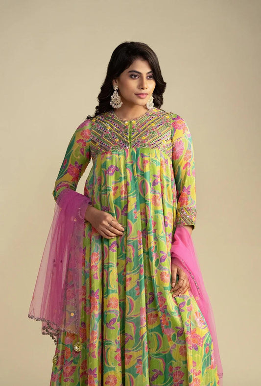 Green Floral Anarkali Set