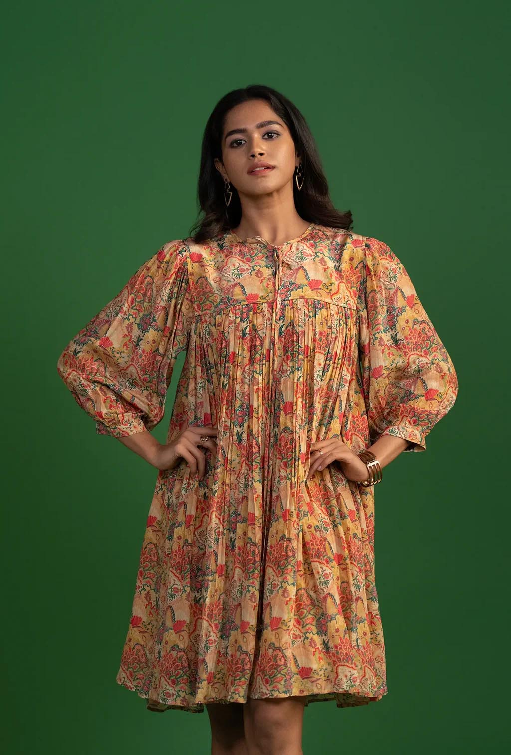 Ochre Drawstring Pleated Short Dress