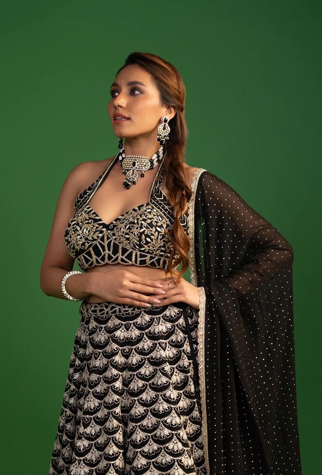 Zariya Black Zardozi Scalloped Lehenga Set