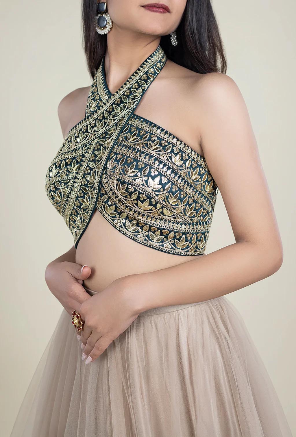 Teal Green Blouse with Golden Embroidery