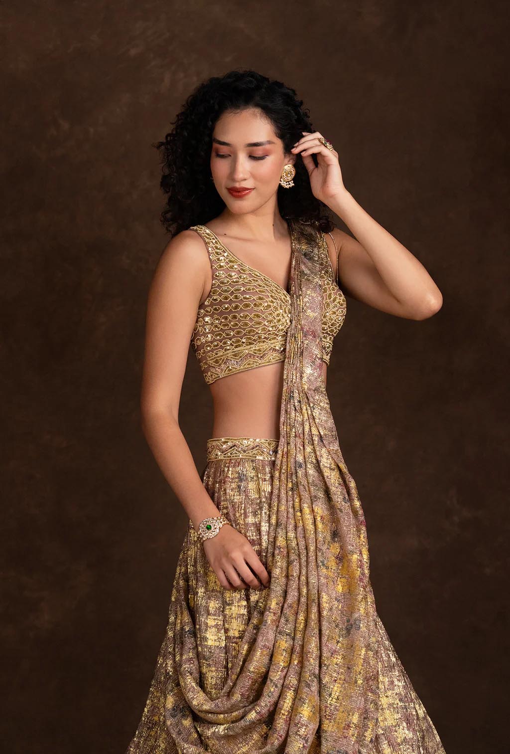 Clover Marble Effect Lilac and Golden Choli and Attached Dupatta Lehenga Set