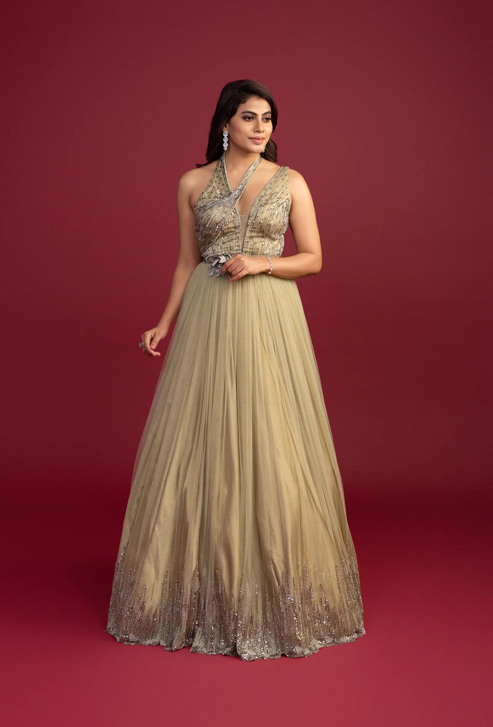 Gloria Shimmer Green Cut Dana & Sequins Gown