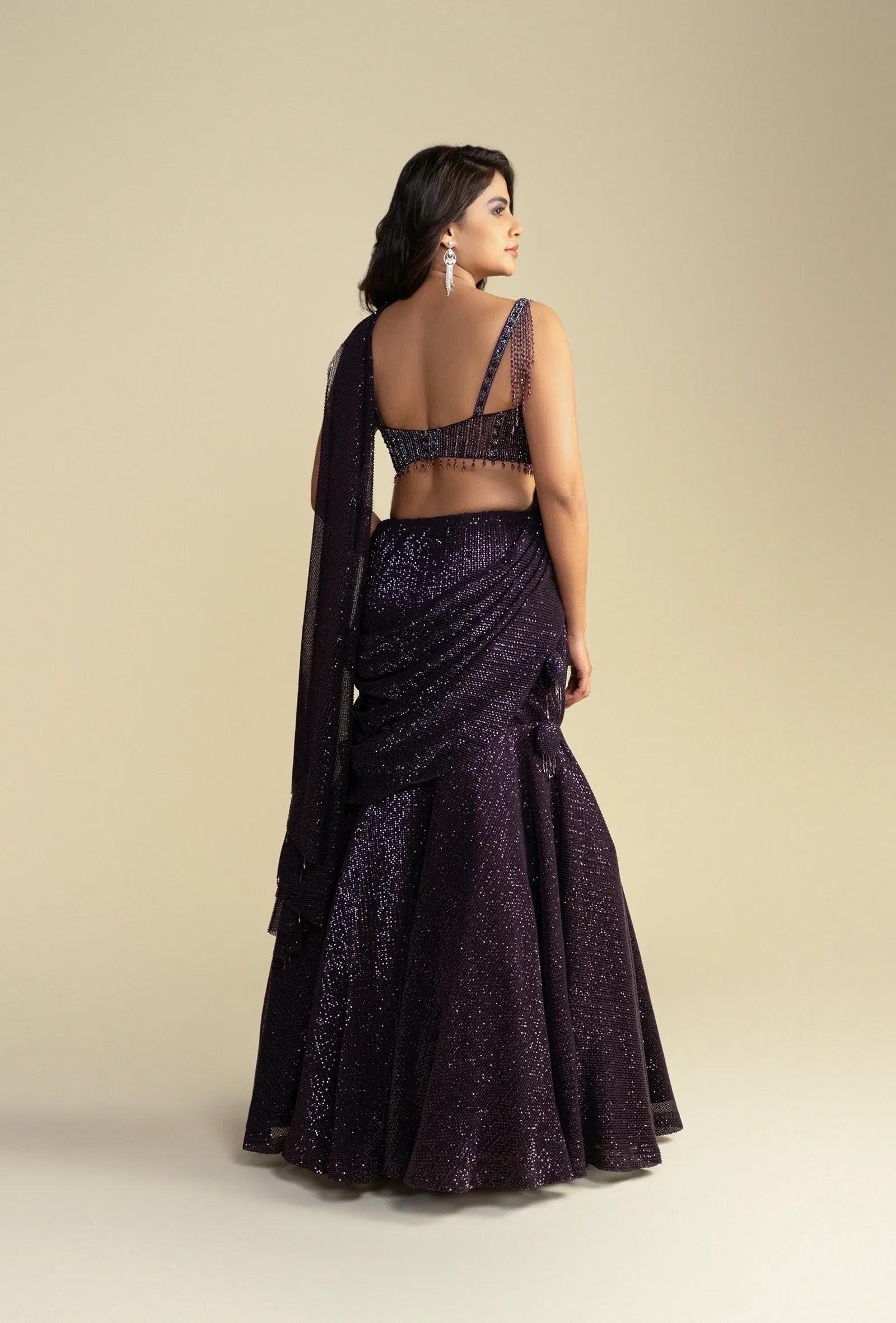 Rooh Dark Wine Pre Draped Mermaid Lehenga Saree