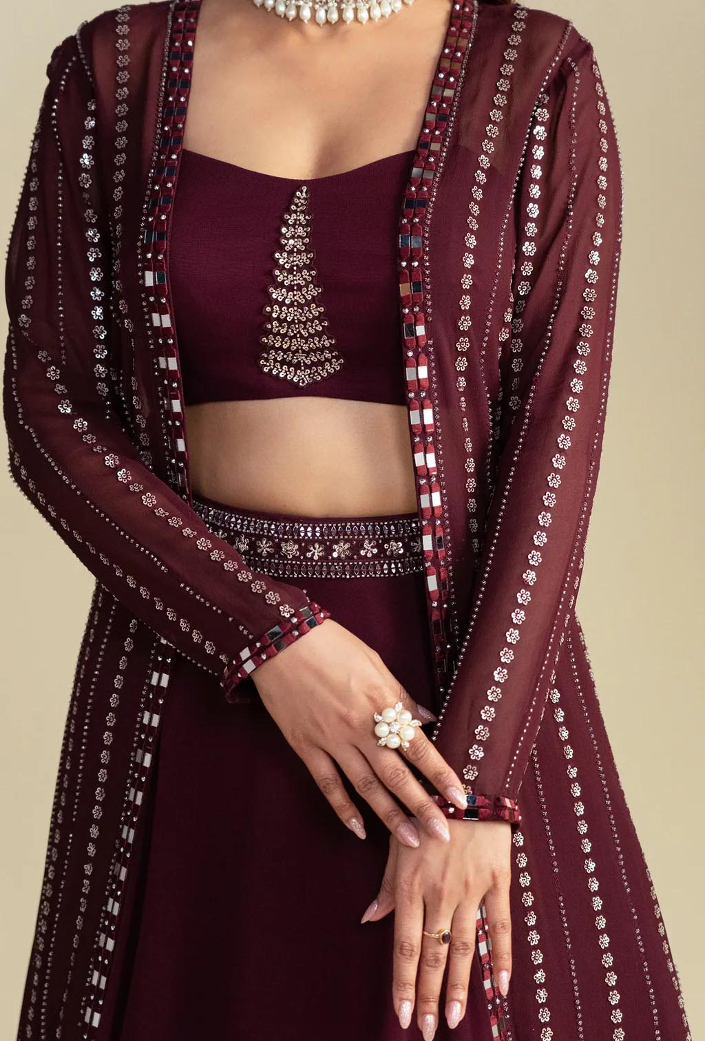 Carmine Maroon Long Sequined Jacket Lehenga Set