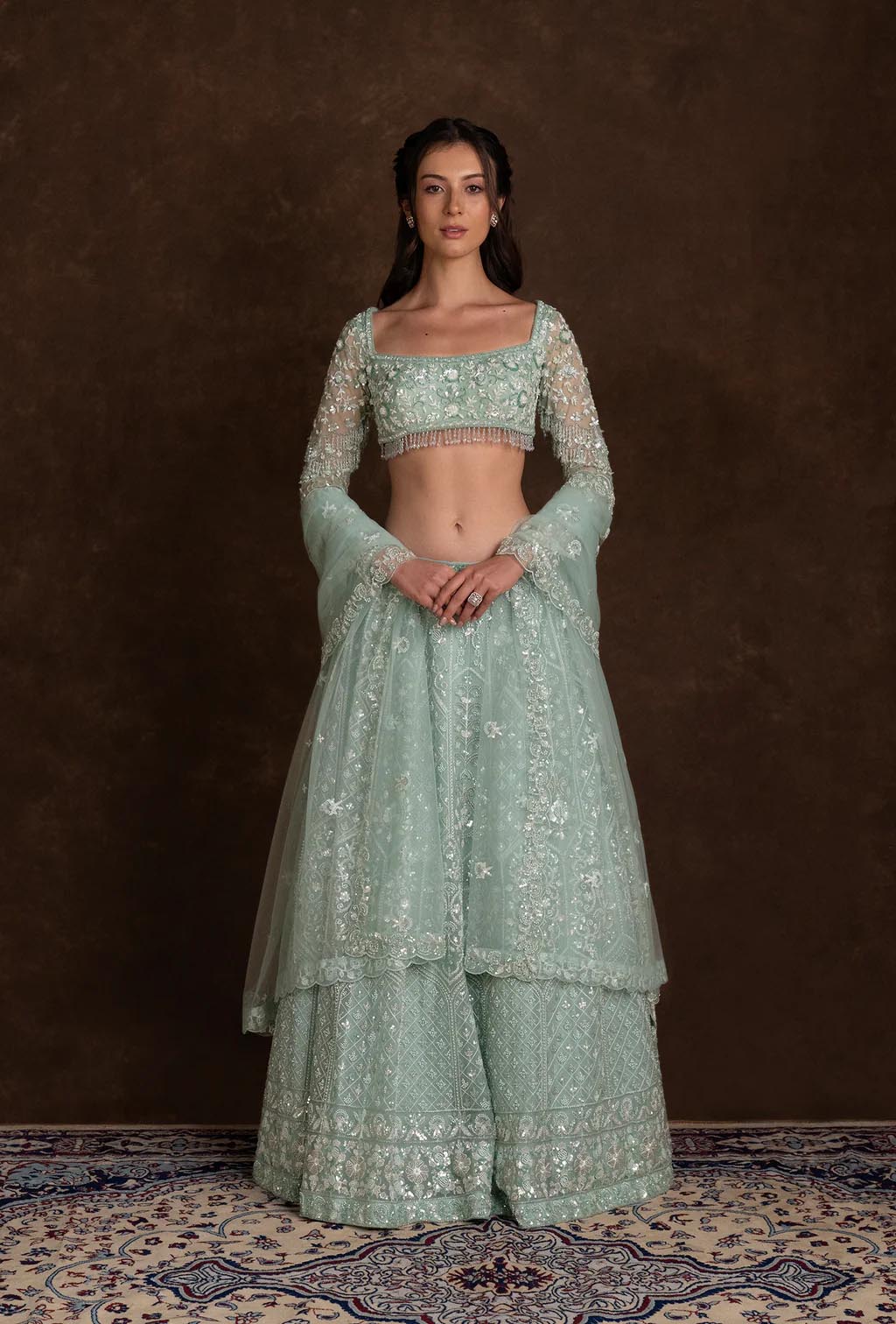 Glimmer Mint Blue Square Neck Sequined Embroidered Set