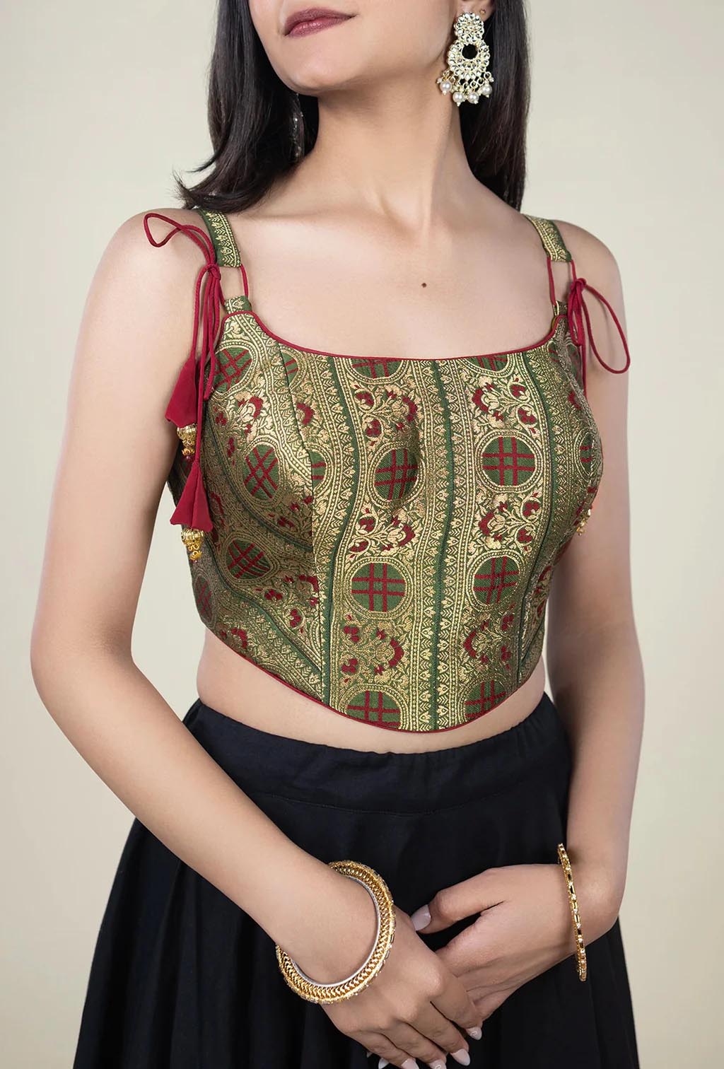 Green and Red Floral Geometric with Zari Motif Blouse