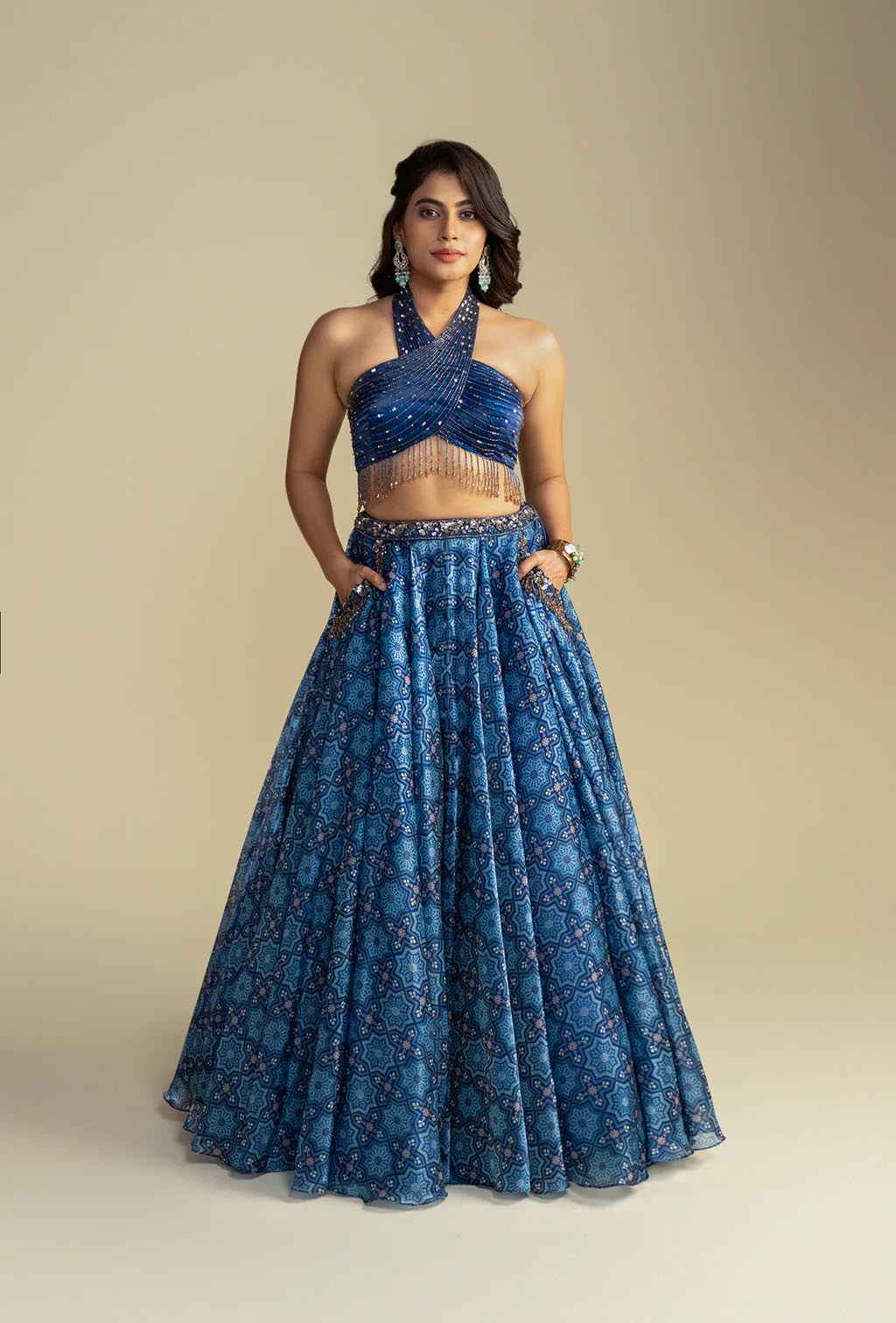 Aurelia Cobalt Blue Digitally Printed Lehenga Set with Halter Neckline