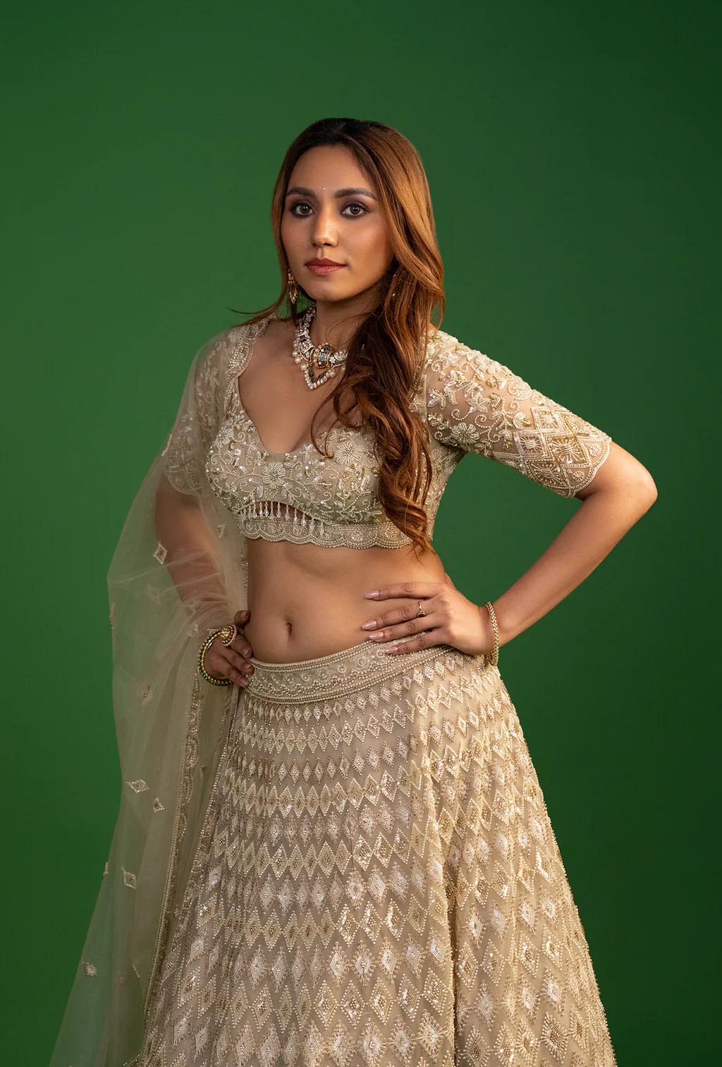 Mirage Golden Green Net Resham Work Lehenga Set