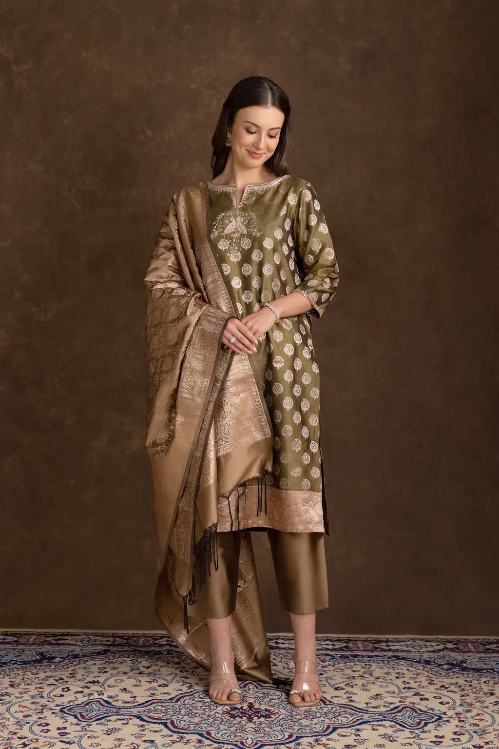 Olive Green Zari Motif Jewel Neck Kurta Set