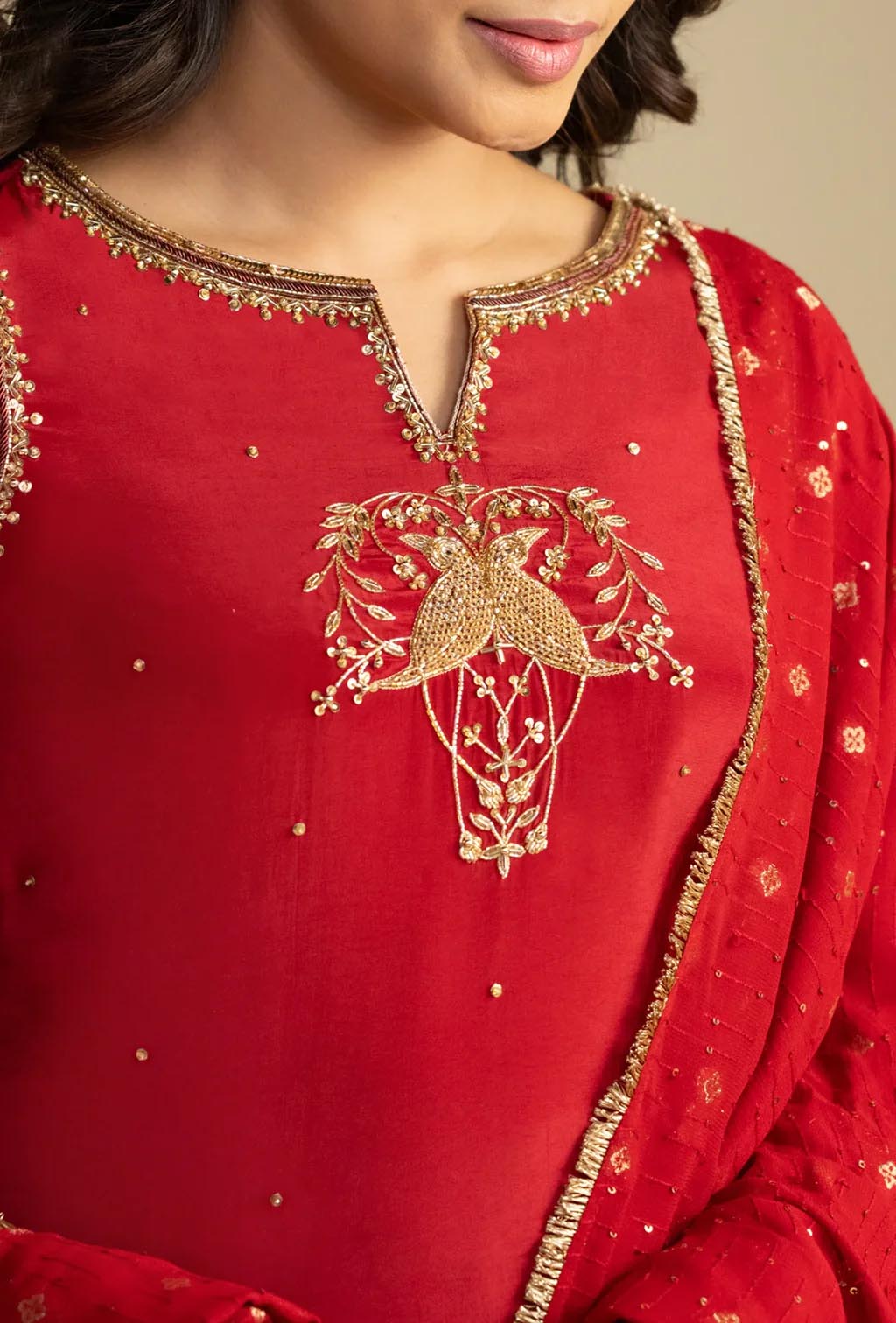 Red Kurta & Dhoti Set With Nakshi Zardozi