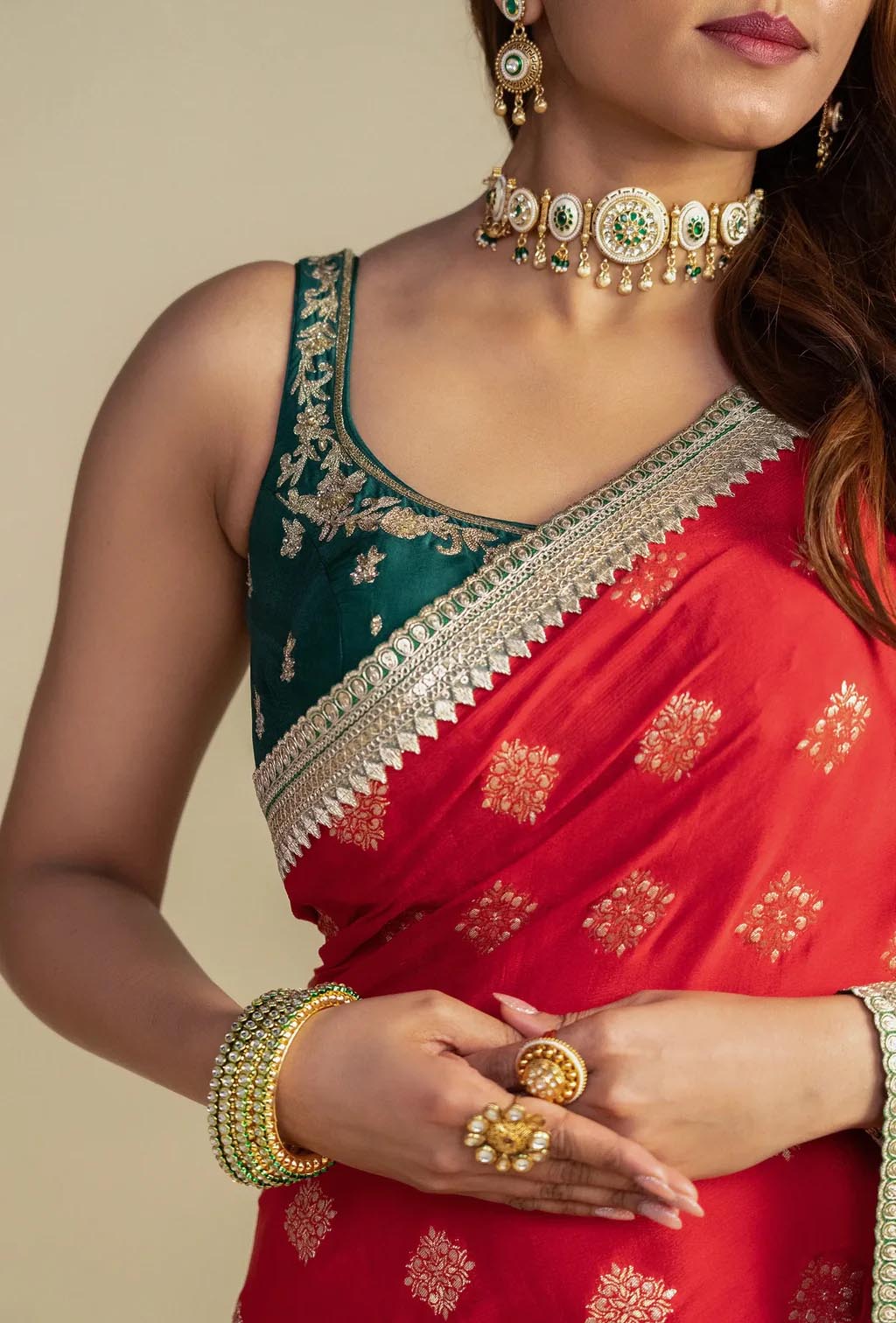 Reet Red Chinnon Buti Work Silk Saree with Emerald Green Blouse