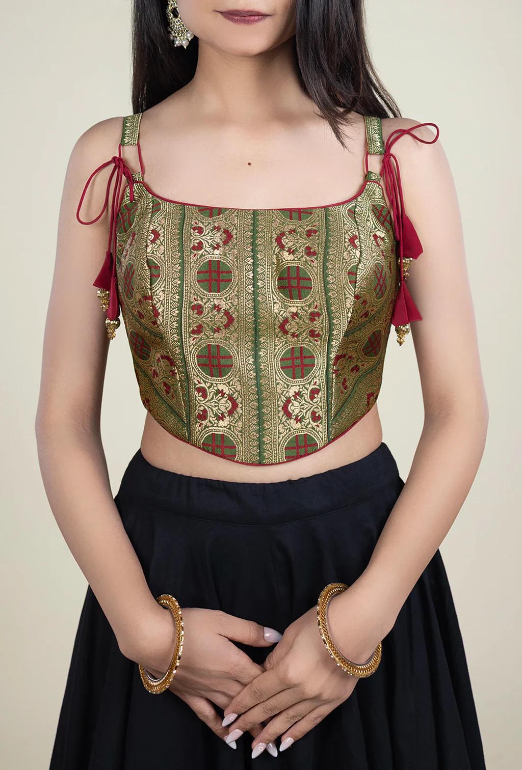 Green and Red Floral Geometric with Zari Motif Blouse