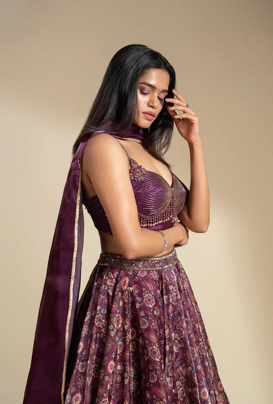 Elixir Wine Berry Glass Organza With Crystal Tassled Blouse Lehenga Set