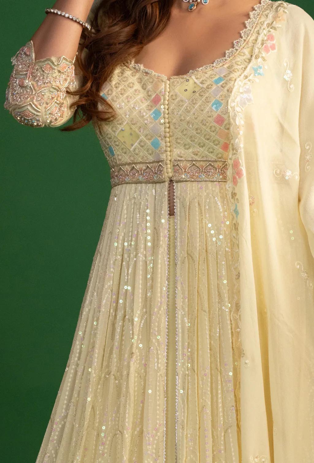 Ariana Pastel Yellow Front Slit Jacket Lehenga Set