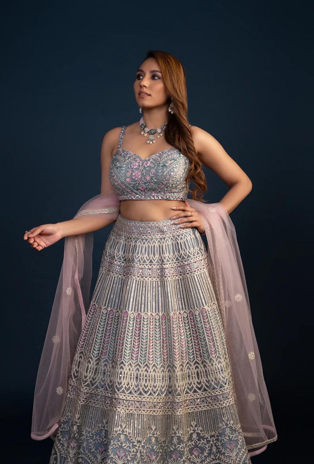 Mist Dusty Blue Threadwork Net Lehenga Set