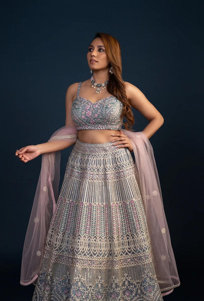 Mist Dusty Blue Threadwork Net Lehenga Set