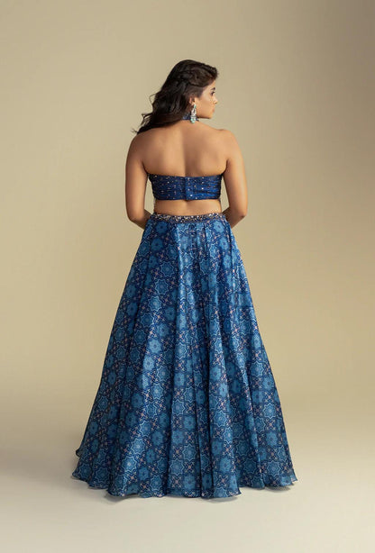 Aurelia Cobalt Blue Digitally Printed Lehenga Set with Halter Neckline