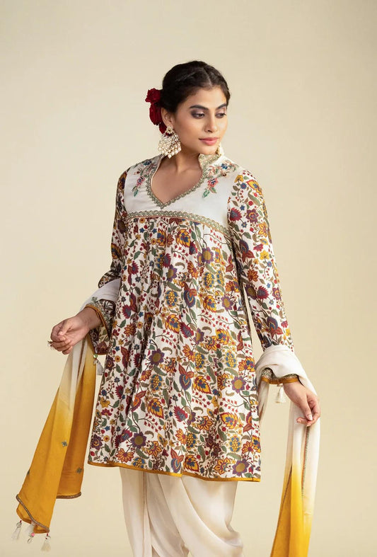 Ivory Floral Print Ethnic Kurta & Dhoti Set