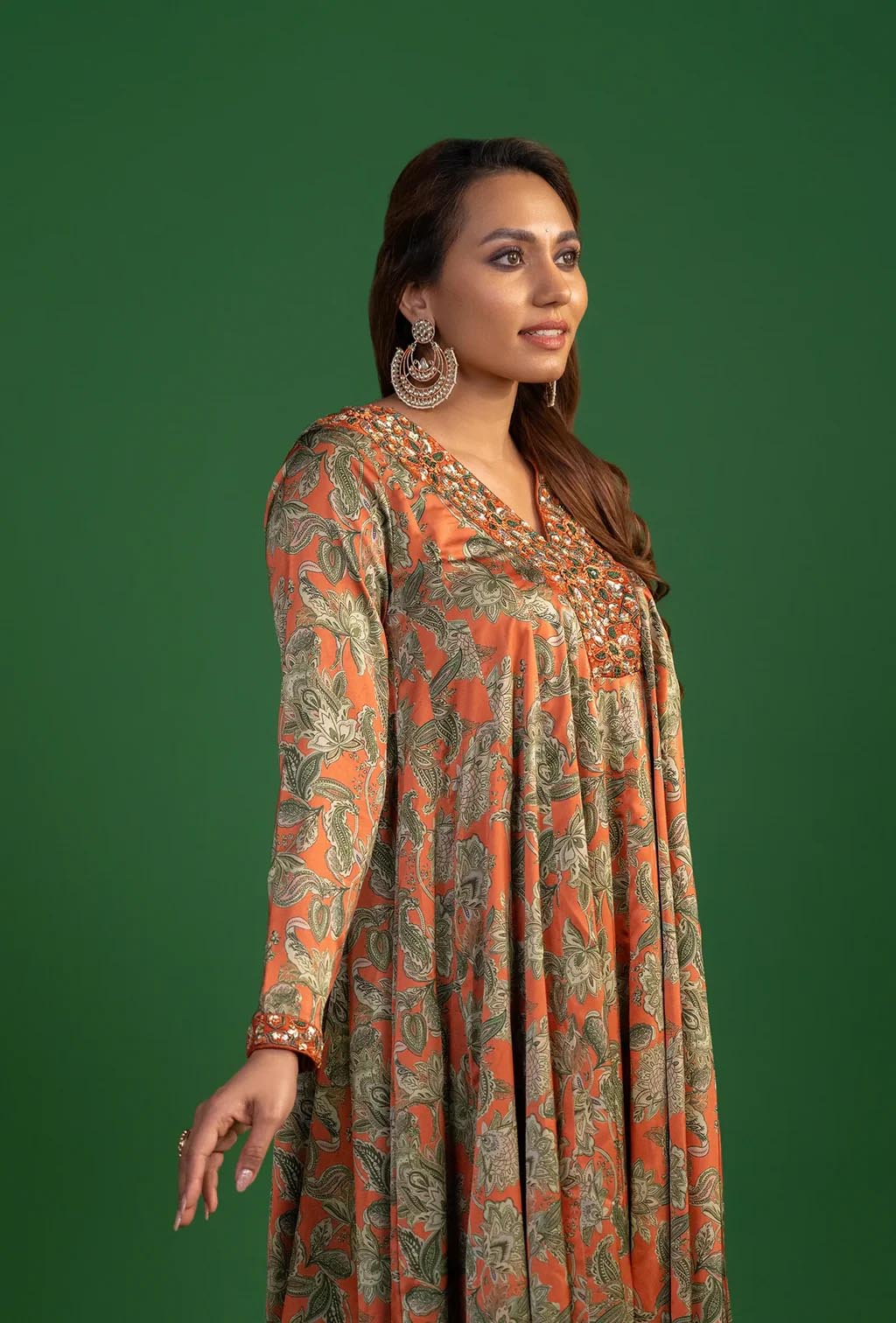Orange Floral Anarkali Dress
