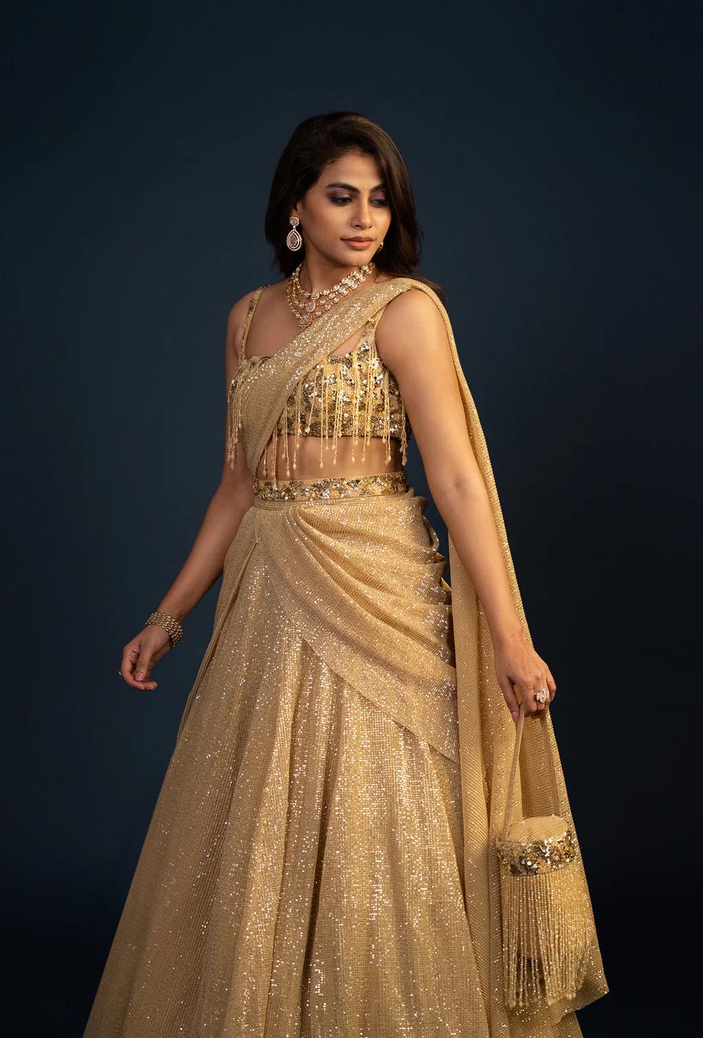 Eskimo Golden Glam Stone Work Lehenga with Sequined Attached Dupatta