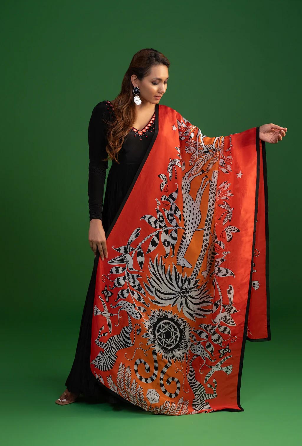 Black Anarkali with Orange Printed Dupatta