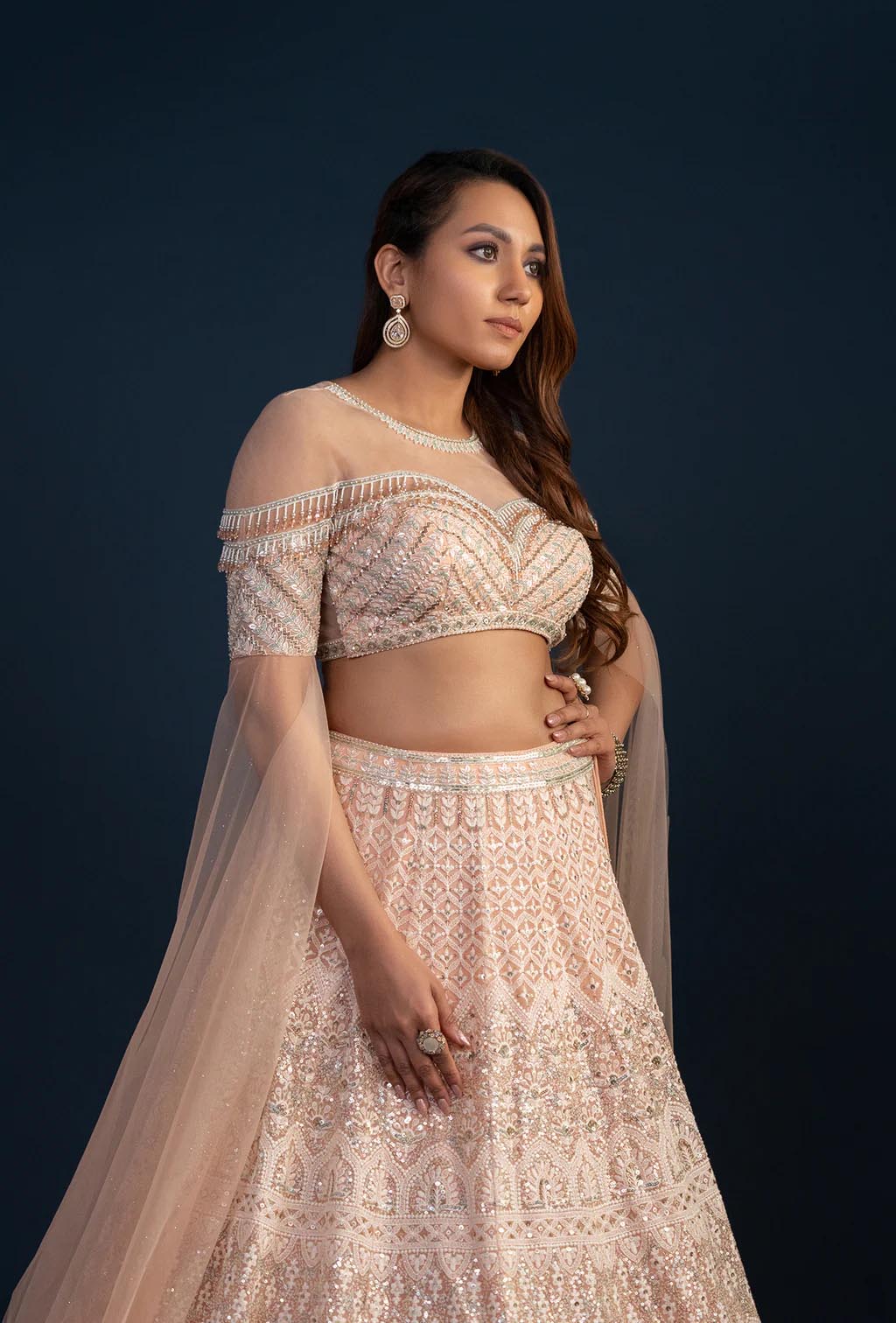 Elysian Peach Two Piece Lehenga Set with Resham & Sequins Work Cape